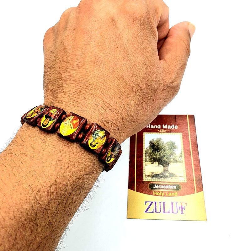 Zuluf سوار زولوف سانت أيقونات من الخشب مع خرزات قديسين، أساور مرنة قابلة للتعديل من أرض القدس المقدسة | سوار قديس للرجال والنساء بصورة أيقونة، سوار قابل للتمدد | قديسون أرثوذكس وكاثوليك | BRA001 - Image 3